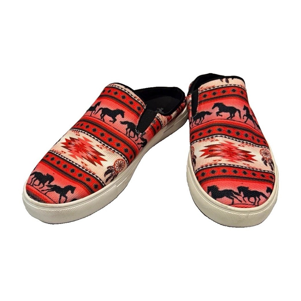 Montana West Women's Slip-On Flats Canvas Round Toe Elastic Gore Horse Print 10